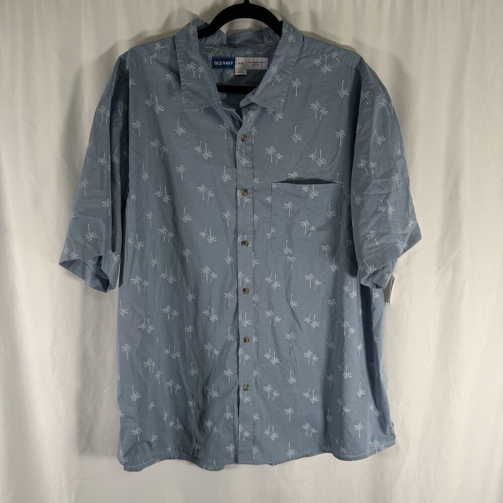 New Old Navy Hawaiian Shirt Mens XXL Blue Palm Tree Print Short Sleeve Cotton Bl
